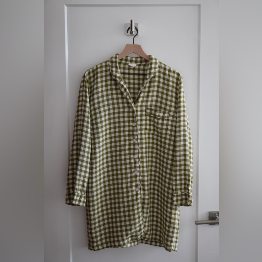 Last Chance - Piglet in Bed Botanical Green Gingham Linen Night Shirt